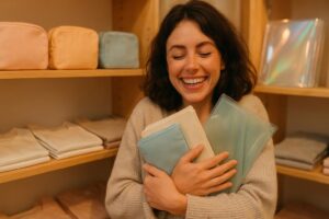 Smiling shopper hugging pastel souvenirs in a warm gift shop—retail euphoria, soft lighting, irresistible cute finds, that “I bought everything” happiness rush