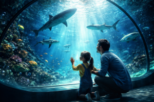 Father and child frozen in awe inside an underwater tunnel as sharks glide overhead—magical blue light, innocent wonder, heart-melting family moment, cinematic deep-sea immersion