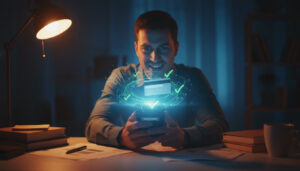 Late-night ticket win on a glowing smartphone with floating checkmarks—laser focus, victory grin, digital confirmation thrill, addictive success moment, instant dopamine hit