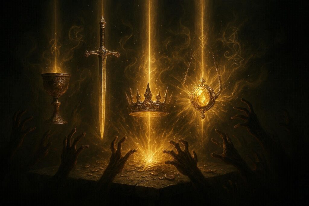 Golden relics descending from heaven—sacred sword, crown, glowing amulet, ritual chalice—hands reaching in desperation, jackpot-tier loot reveal, overwhelming divine greed
