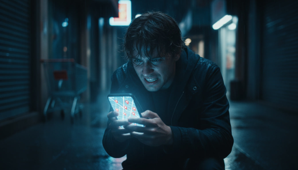 Desperate gamer scanning glowing smartphone map alone at night—urgent hunt for rare console stock, anxiety, obsession, last chance breakthrough moment before it disappears