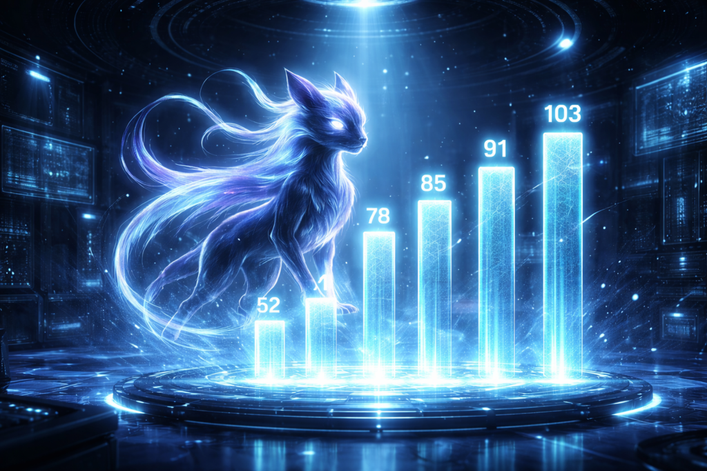 Holographic stat pillars rising in a futuristic chamber—mystic psychic creature illuminated in icy blue light, numbers climbing like destiny itself, analytical precision meets overwhelming power surge