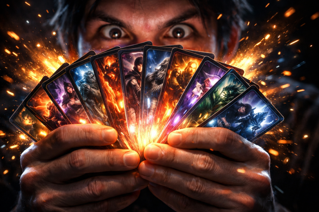 Wide-eyed collector gripping a blazing fan of rare cards exploding with light—obsession, adrenaline, uncontrollable excitement, jackpot discovery moment, intense emotional high, collector dream realized