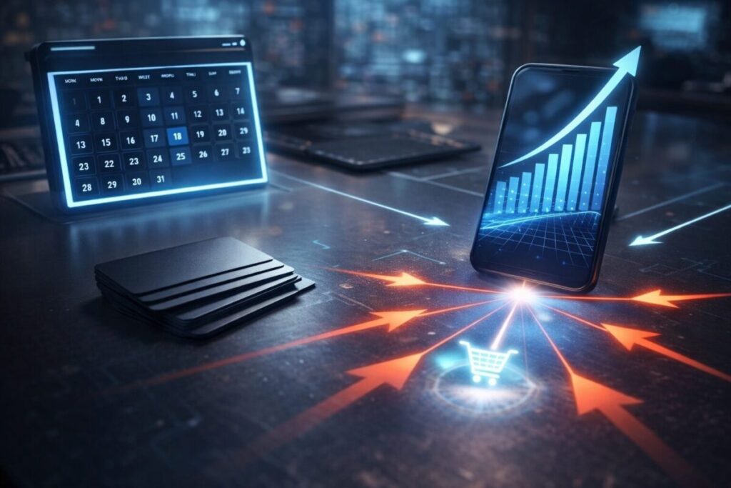 Strategic purchase moment—glowing calendar, stacked cards, and rising savings graph converging into one decisive buying point—precision timing, calculated opportunity, unstoppable savings momentum