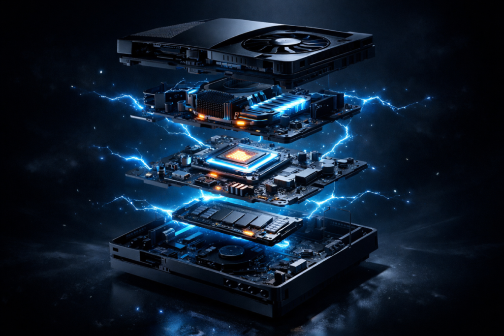 Exploded next-gen console core floating in electric blue energy—hidden power unleashed, forbidden performance revealed, and irresistible futuristic intensity