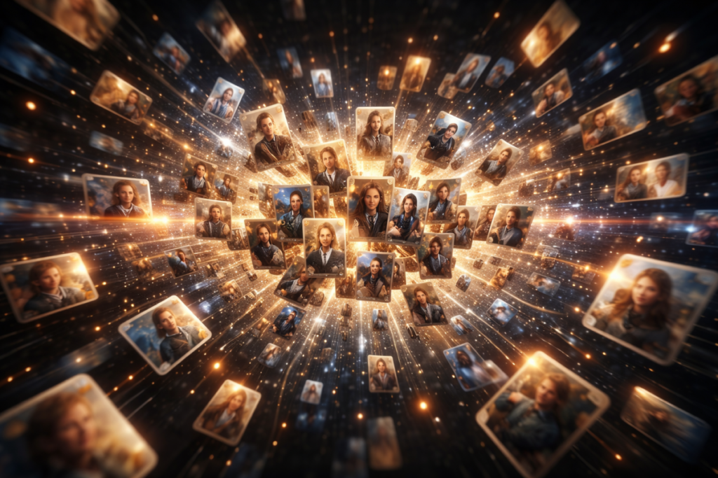 Hundreds of glowing character cards erupting into a cosmic explosion—overwhelming scale, infinite personalities, collector euphoria, emotional overload, once-in-a-lifetime discovery rush