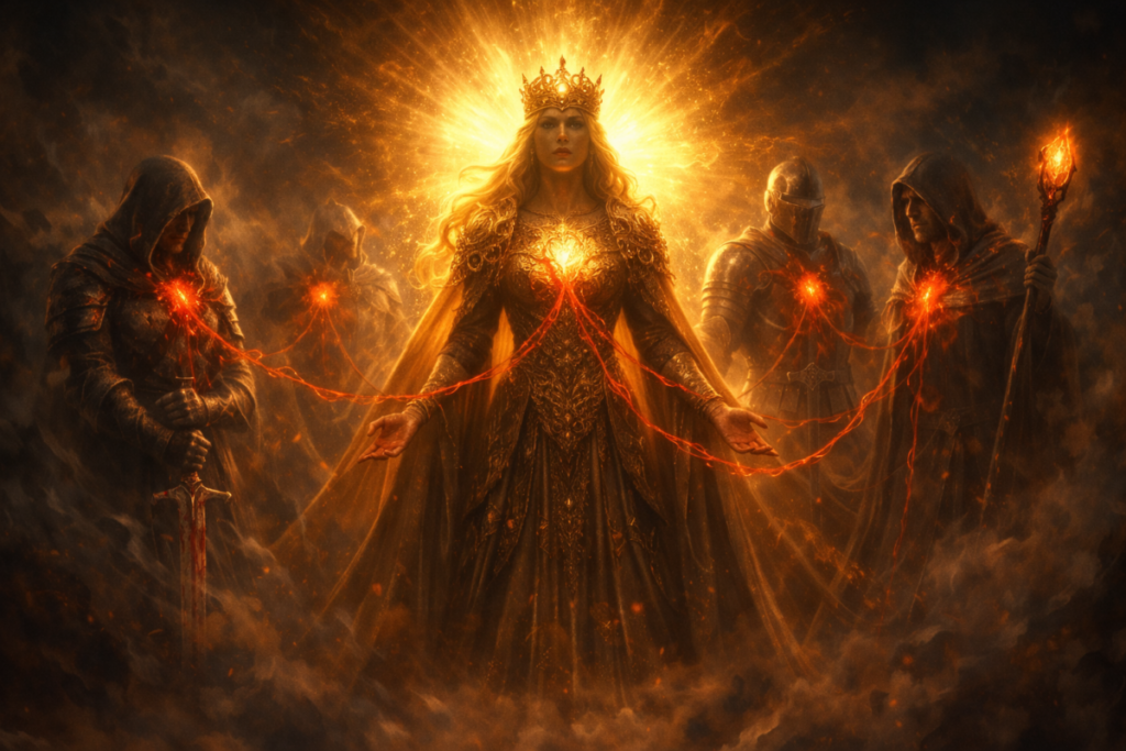 Radiant divine queen controlling warriors through glowing life threads—terrifying absolute power, sacred dominance, emotional gravity of godhood, cosmic authority and inevitable fate revealed