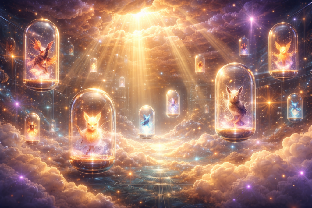 Heavenly digital vault of glowing creature capsules floating in golden clouds—radiant light beams, ethereal wonder, nostalgic magic meeting next-gen brilliance, ultimate collection dreamscape energy