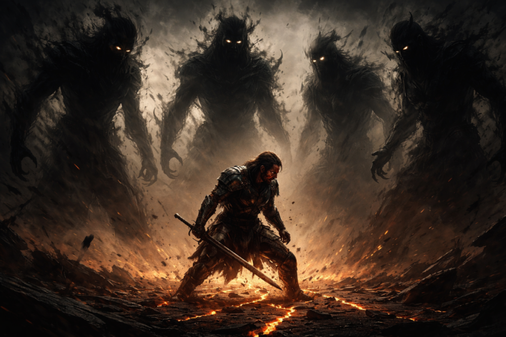 Lone warrior surrounded by towering shadow monsters erupting from the earth—cornered at the breaking point, rage and fear colliding, impossible odds, last stand against unstoppable darkness
