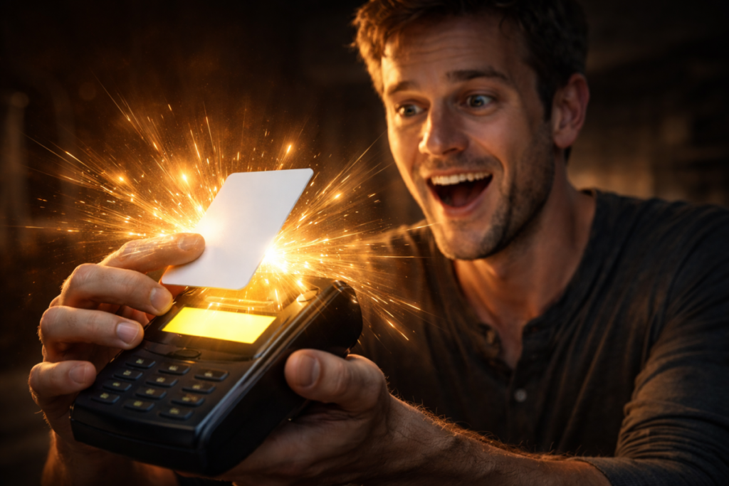 Pure emotional breakthrough as NFC card finally activates—golden spark explosion, relief, and overwhelming joy unlocking hidden game power