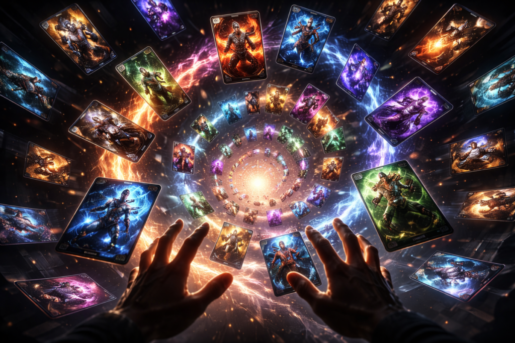 Dozens of rare cards spiraling through space toward desperate hands—overwhelming collector temptation, infinite possibilities, and uncontrollable completion obsession