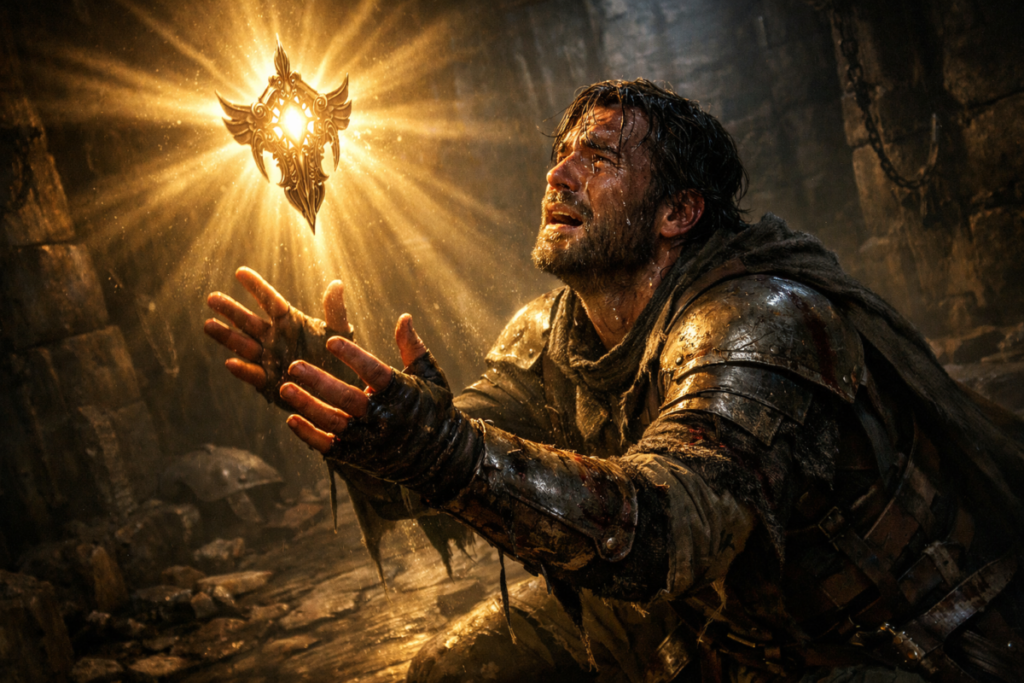 Exhausted fighter reaching toward a divine glowing talisman in darkness—tears, salvation, and overwhelming hope in a life-or-death moment, miracle breakthrough emotion