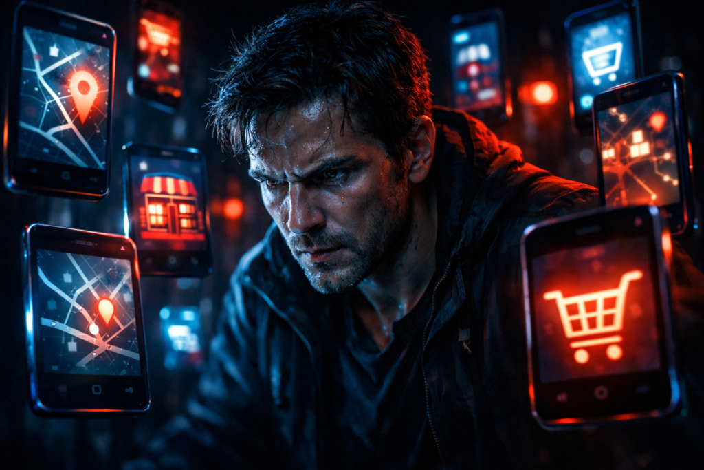 Relentless buyer surrounded by floating smartphones showing store maps and shopping alerts—desperate digital hunt, urgency, late-night search obsession, rare item tracking intensity, high-stakes acquisition energy