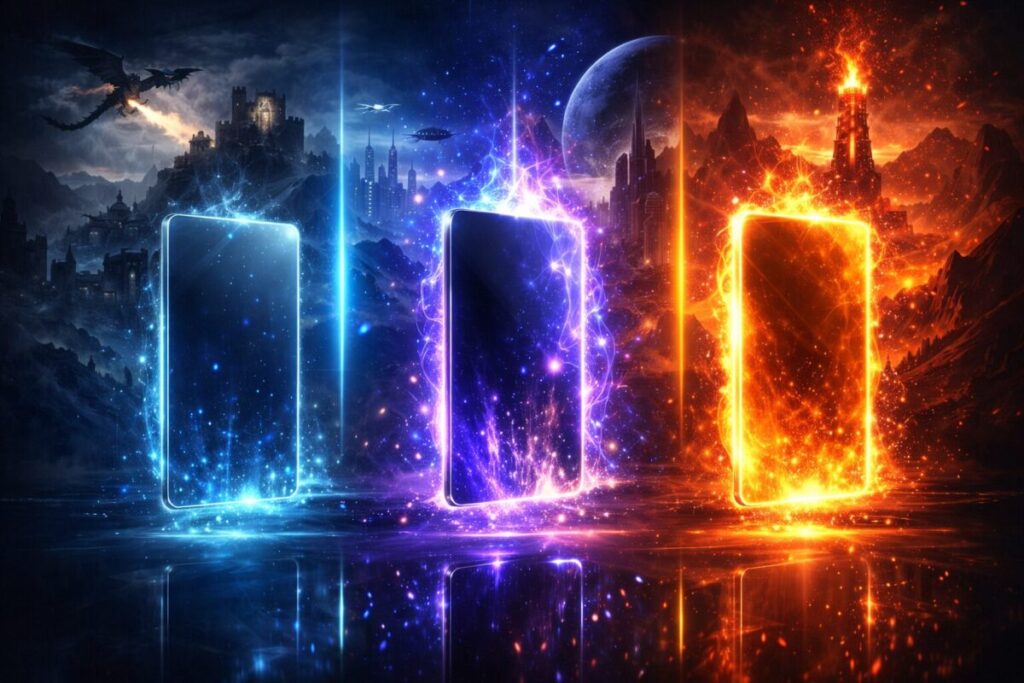 Three glowing digital gateways opening into different gaming universes—mystery, power, and ultimate choice energy—emotional tension of selecting the most rewarding membership path