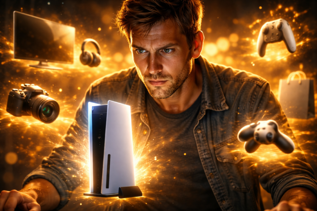 Focused gamer locked in intense moment surrounded by glowing console and floating tech gear—strategic decision, powerful upgrade realization, next-level immersion awakening