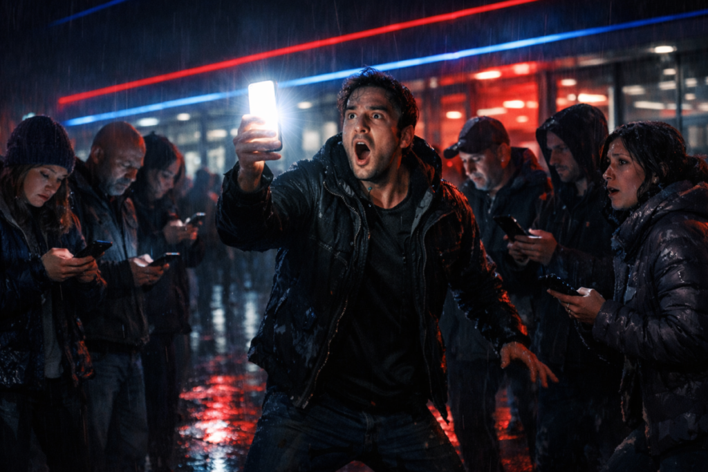 Shocked shopper frozen in rain as smartphone explodes with stock alert glow—heart-pounding urgency, desperate hope, and once-in-a-lifetime buy moment