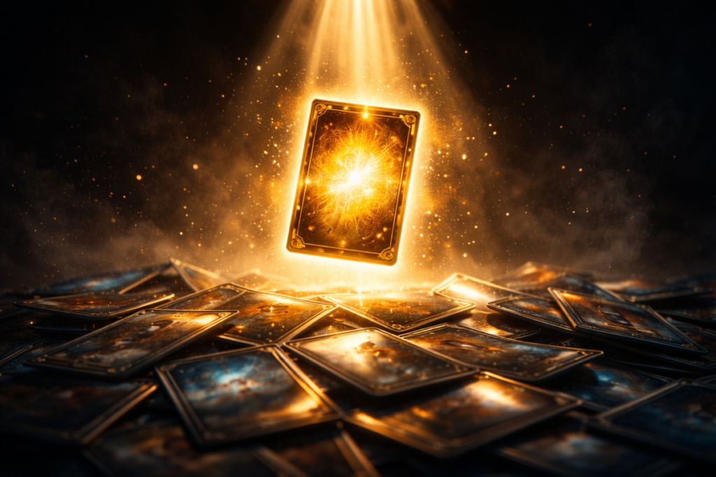One legendary glowing card rising above a fallen pile—intense golden aura, rare treasure revelation, heart-pounding collector climax, destiny-defining pull, ultimate rarity unveiled