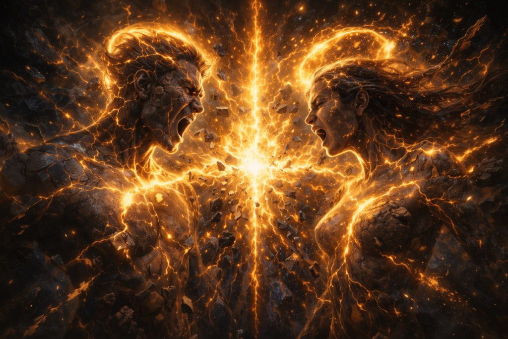 Two divine beings screaming as they violently split and collide in golden cosmic explosion—identity collapse, forbidden duality, emotional rupture of a god torn between two existences