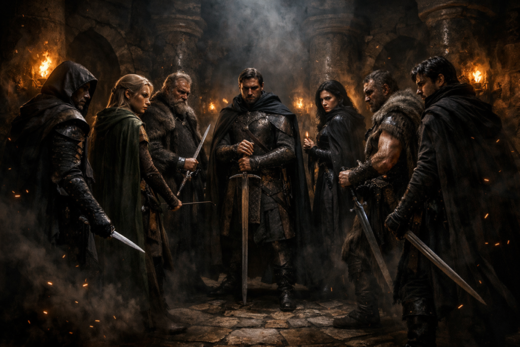 Seven cloaked warriors locked in a torchlit stone hall—silent tension, betrayal in the air, blades ready, a council of fate moments before chaos ignites