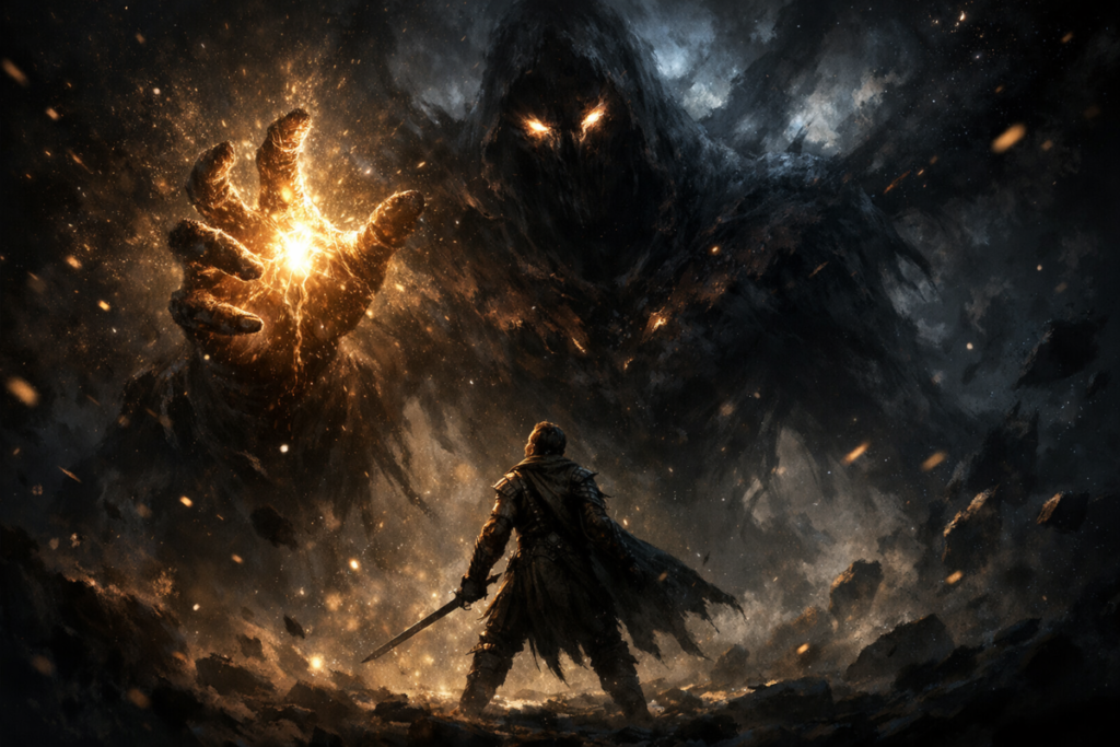 Tiny warrior facing a colossal cosmic entity reaching out with annihilating power—moment before extinction, fate hanging by a thread, forbidden god confrontation, absolute terror and defiance
