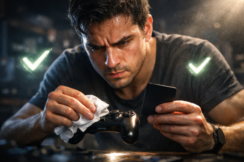 Intense gamer carefully cleaning controller and card with focused determination—last hope, survival mindset, breakthrough moment, fragile chance to finally fix the problem