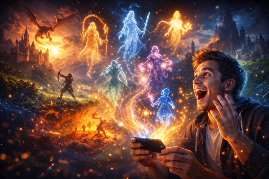 Magical emotional awakening as NFC card unleashes legendary characters and fantasy worlds—shock, wonder, and limitless gaming possibility