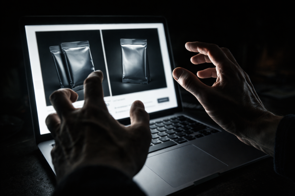 Late-night urgent purchase decision on glowing laptop—fear of missing rare packs, high-stakes choice, and heart-racing collector desperation in silence