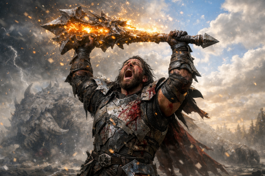 Bloodied warrior screaming to the sky, lifting a massive legendary weapon—raw fury, victory after unimaginable struggle, power unleashed, primal triumph explosion