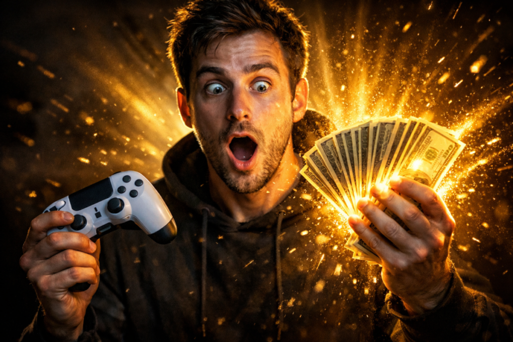 Stunned gamer holding a controller and explosive stack of cash—golden light erupting, massive savings victory, unbelievable deal energy, once-in-a-lifetime win