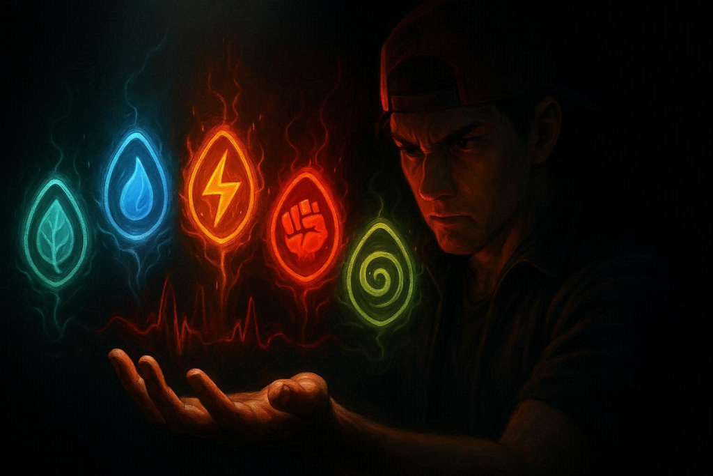 Elemental icons blazing above a focused trainer’s hand—water, lightning, fist, spiral glowing like tactical choices, dark cinematic mood, high-stakes decision moment before battle ignition