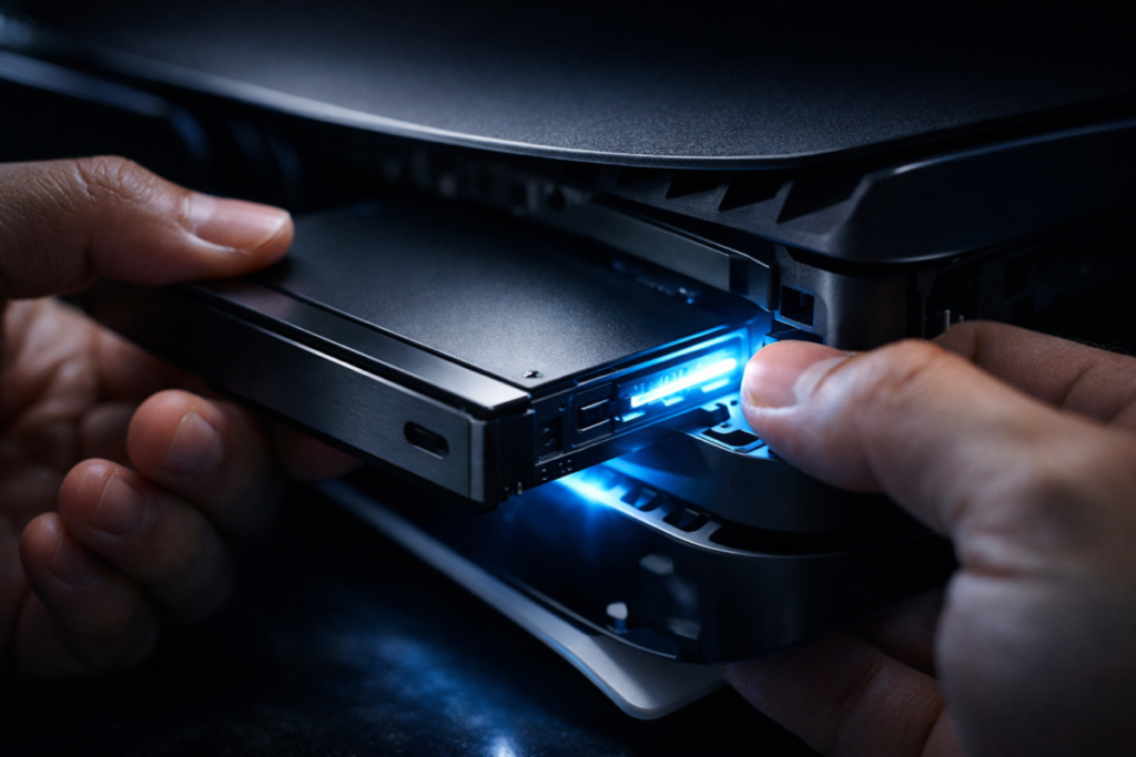 Hands snapping a disc drive into a futuristic console—electric blue connection glow, precision moment, unlocking hidden power, satisfying upgrade breakthrough