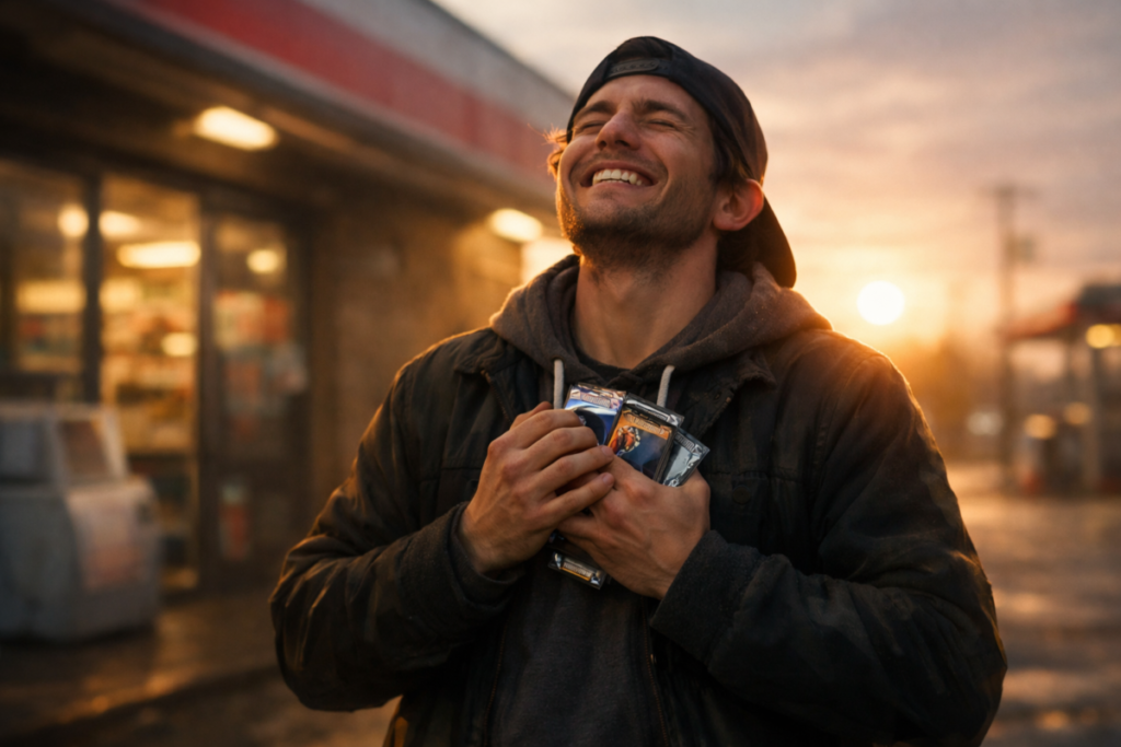Overwhelming relief as collector clutches newly acquired card packs under golden sunrise—pure victory, emotional payoff, dream finally achieved, triumphant rare find moment, powerful collector satisfaction