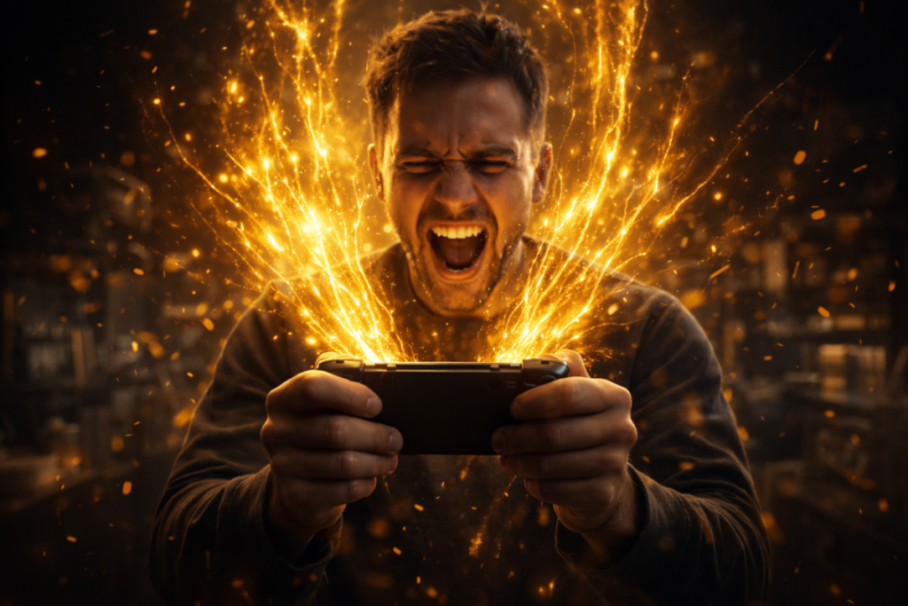 Explosive emotional victory as gamer grips controller with golden energy bursting outward—pure adrenaline, unstoppable excitement, breakthrough gaming power unleashed
