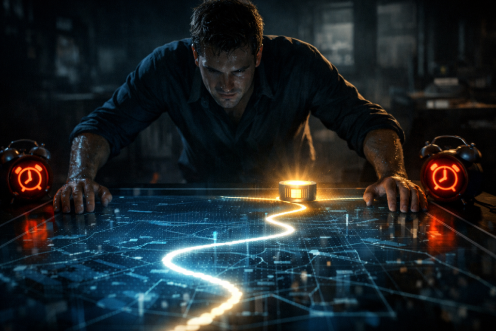 Sweat-soaked strategist staring down a glowing digital purchase path—relentless focus, do-or-die determination, and final seconds before securing victory