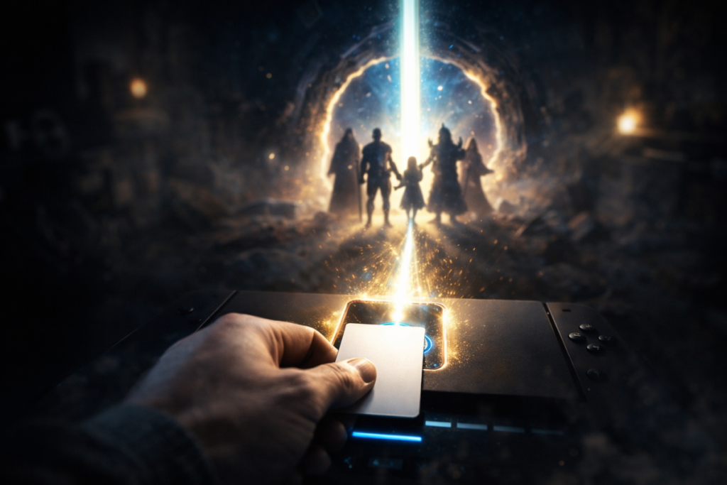 Card touching a console sensor as a blazing portal erupts—characters emerging from light, emotional summoning moment, impossible becoming real, powerful connection between player and world