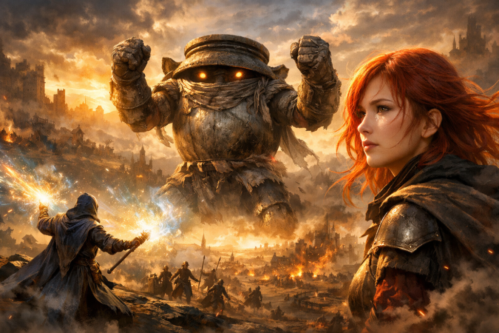 Colossal living jar titan rising over a burning battlefield as a red-haired warrior stares ahead—apocalyptic scale, loyalty and sacrifice colliding in a sky of fire and destiny