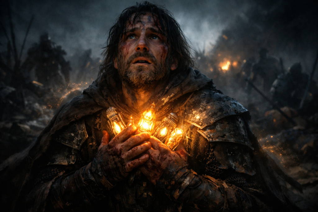 Battle-scarred survivor clutching glowing relics with trembling hands—last fragile hope in a dying world, emotional desperation, sacred power fighting back against inevitable collapse
