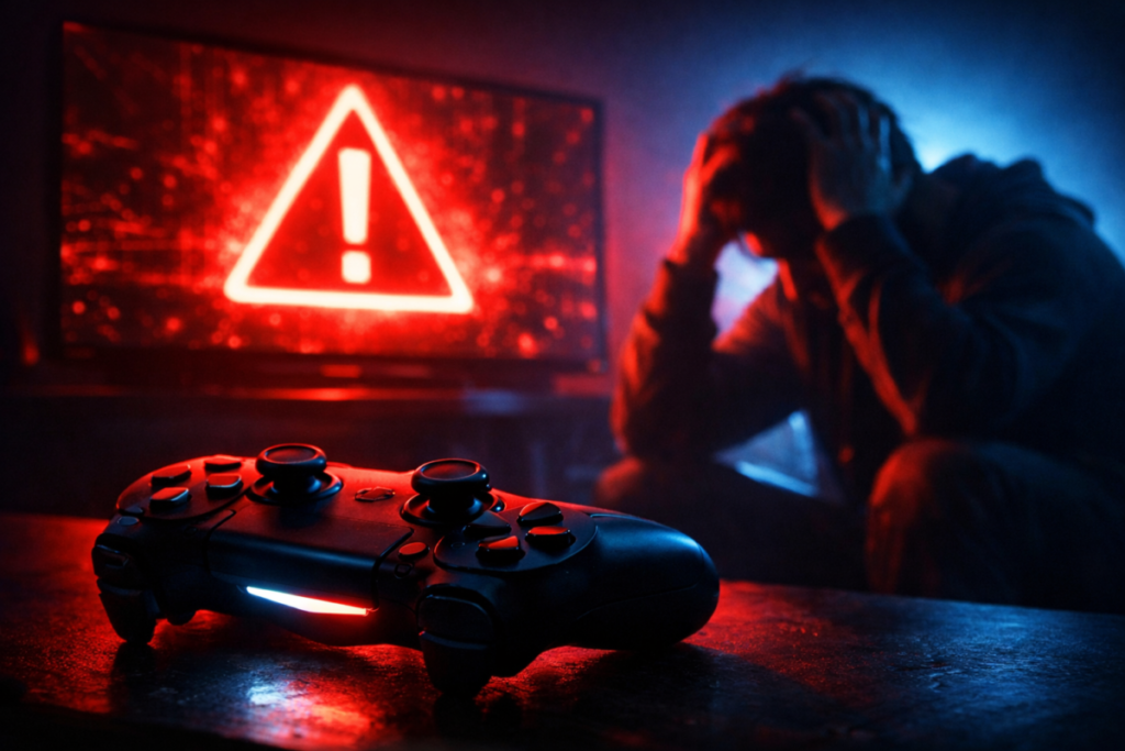 Controller glowing red with critical warning symbol while exhausted gamer holds head in despair—system rejection, emotional overload, devastating error moment, helpless frustration