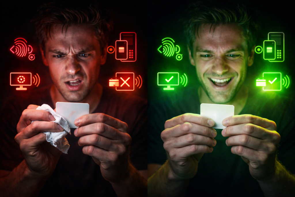 Dramatic transformation from failure to success—cleaning NFC card shifts glowing error icons into brilliant green victory and emotional relief
