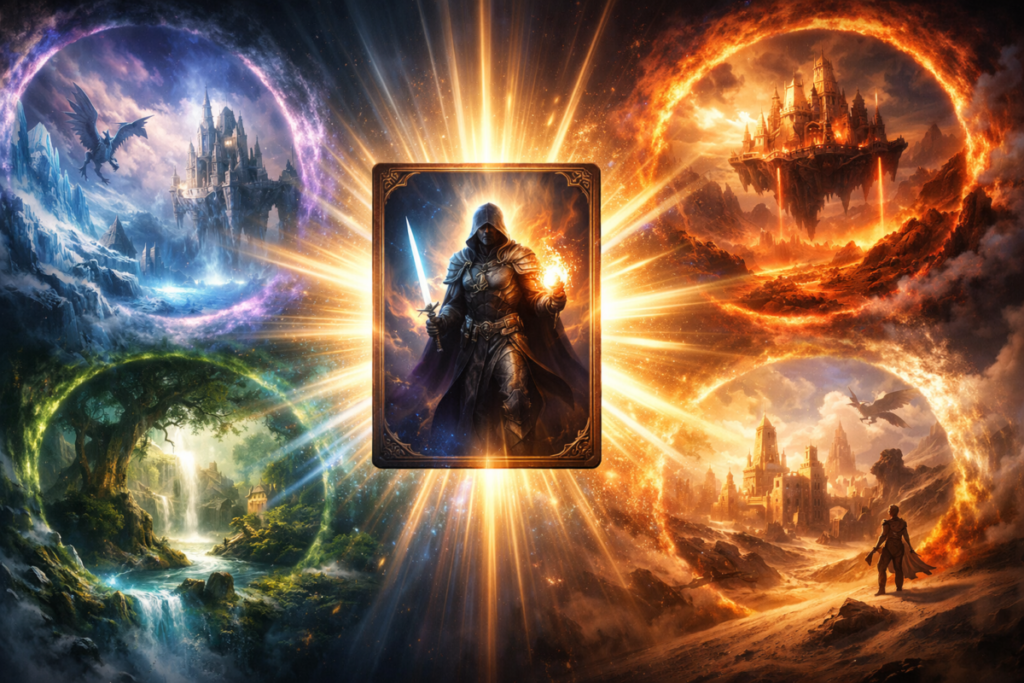 Legendary portal awakening—single glowing card unleashing multiple fantasy worlds, explosive light beams, infinite possibilities, awe-inspiring power surge, emotional gateway to limitless adventure