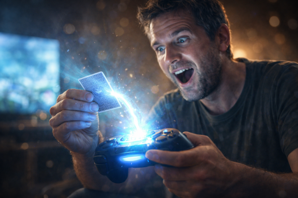 Card activation miracle—electric energy surging from rare card into controller, emotional shock, magical connection, and powerful moment of unlocking hidden potential