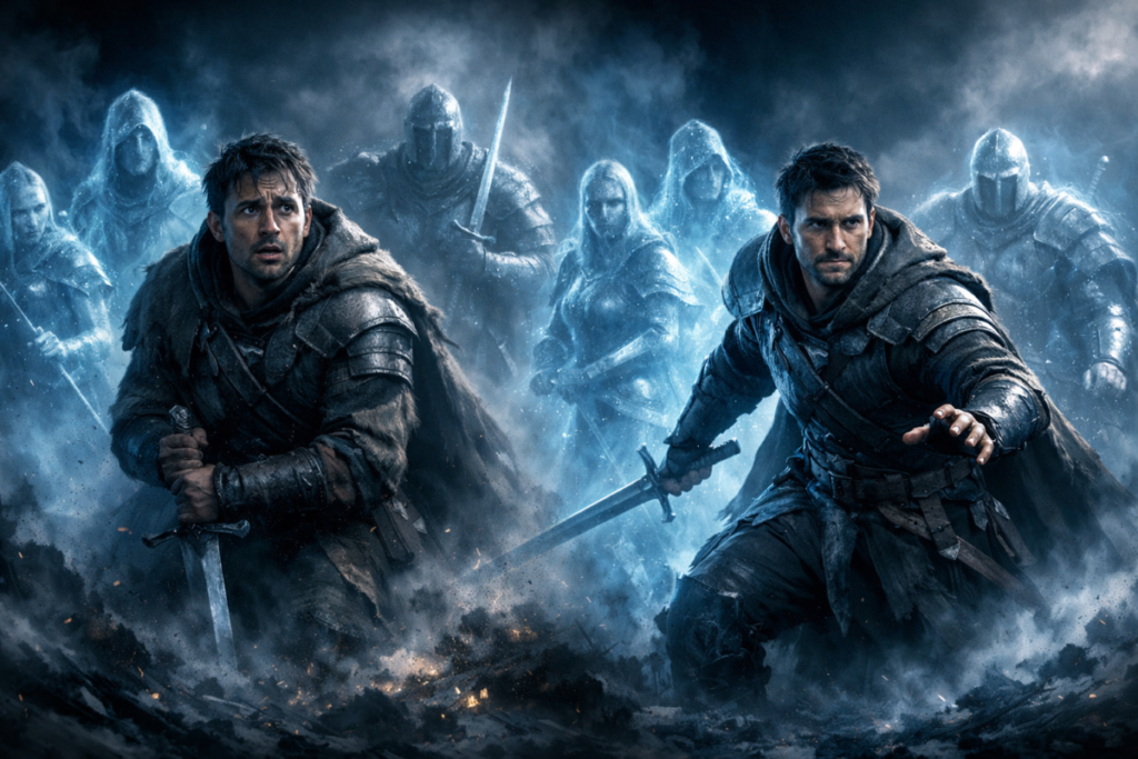 Lone fighter surrounded by ghostly spectral allies emerging from cold mist—fear transforming into courage, survival instinct ignited, emotional awakening battlefield