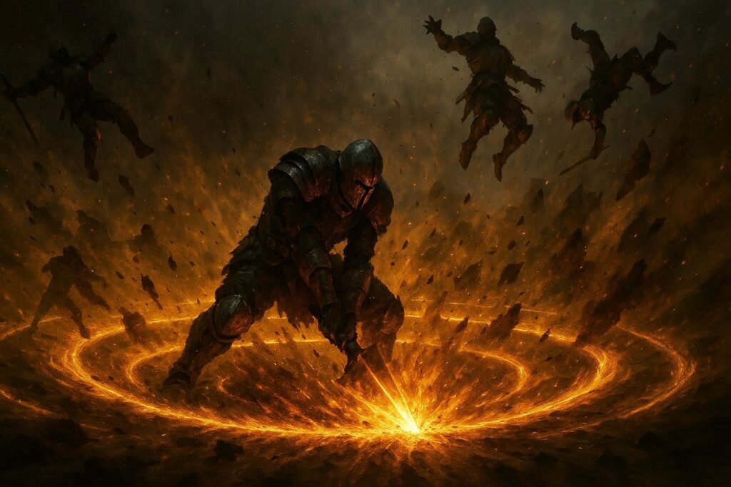 Devastating ground-slam shockwave blasting enemies into the air—golden impact ring, bodies flying, unstoppable burst damage, rage-fueled domination
