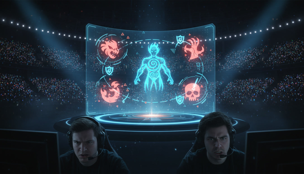 Esports arena war room—massive holographic battle map projecting threats and counters, players locked in laser focus, championship pressure, meta-analysis intensity before the final decisive play