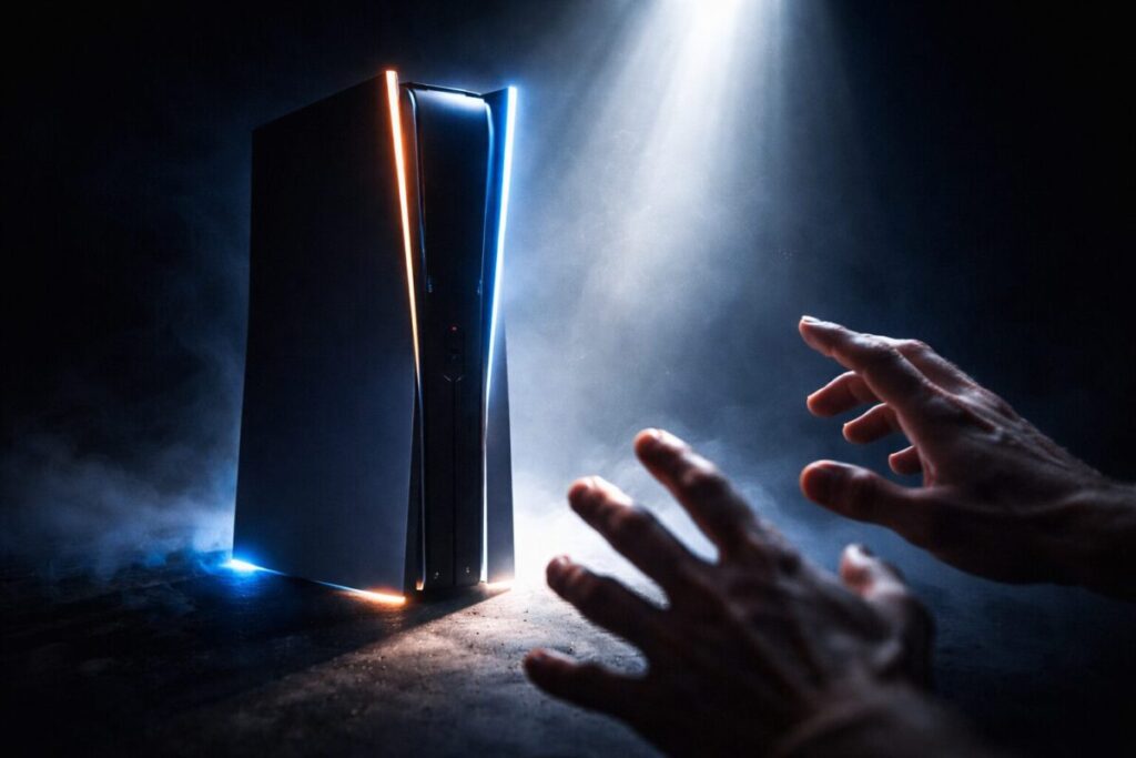Hands reaching desperately toward glowing next-gen console emerging from darkness—overwhelming desire, rare opportunity, forbidden treasure energy, fear of missing out forever