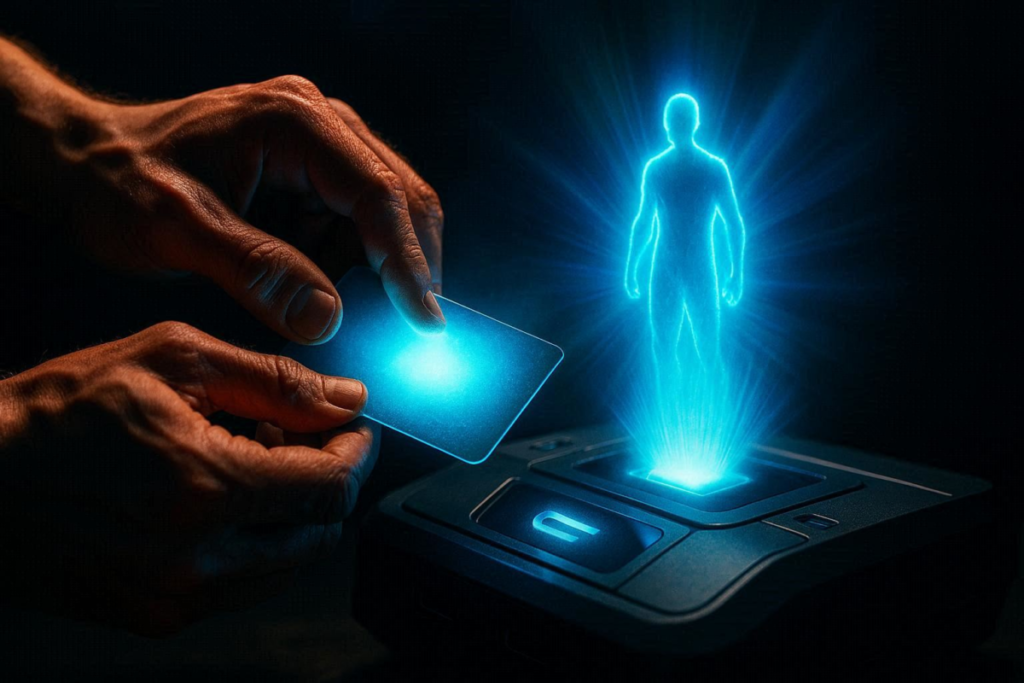 Hand scanning a glowing card as a holographic character emerges—magical activation moment, anticipation exploding into reality, emotional immersion, powerful connection between collector and rare character