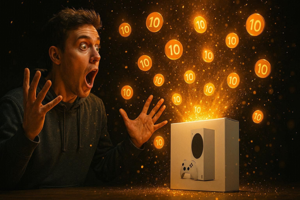 Wide-eyed gamer overwhelmed as golden reward points erupt around console box—explosive savings shock, euphoric disbelief, and jackpot-level emotional rush