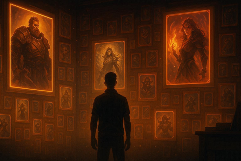 Collector standing frozen before a wall of glowing character portraits—overwhelming awe, emotional devotion, obsession fulfilled, sacred gallery of treasured memories and identity