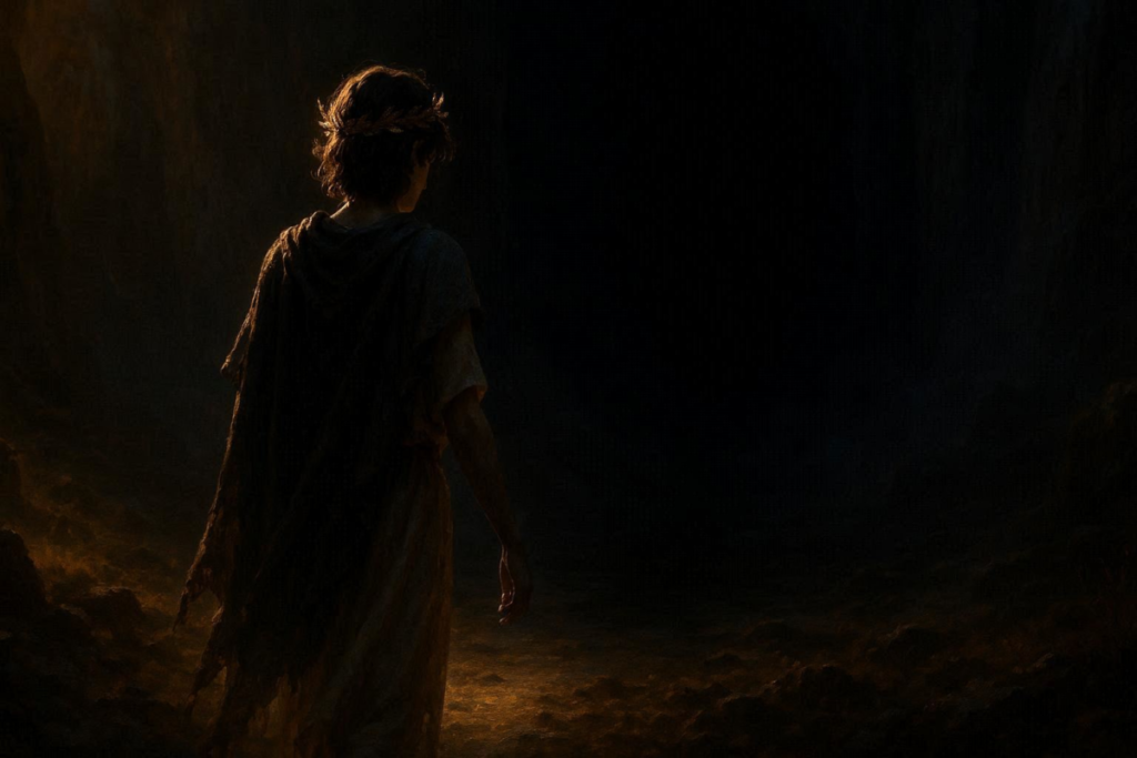 Lonely divine child walking alone into endless shadow abyss—haunting isolation, fragile innocence facing terrifying destiny, emotional descent into forbidden unknown