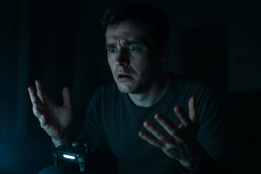 Confused gamer staring into darkness with controller in hand—fear, disbelief, silent panic, crushing realization that something is deeply wrong and beyond control